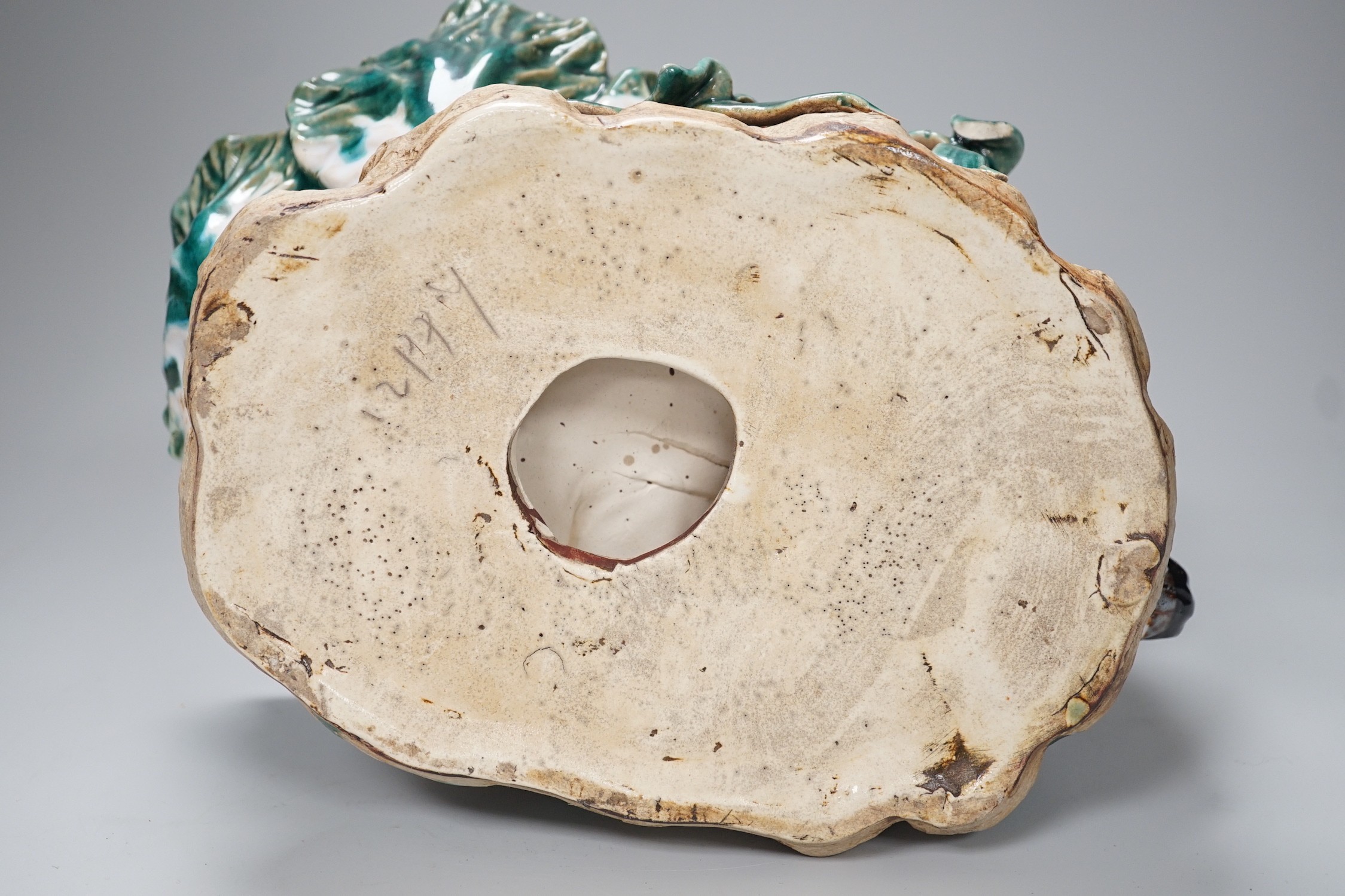 An unusual late 19th century Continental majolica 'rabbit' dish. 26cm high